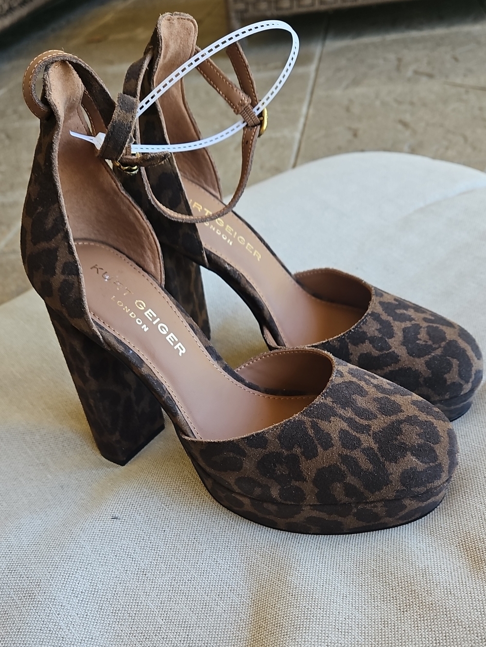 KURT GEIGER Suede Shoreditch Platform Court Heel Pump Ankle Strap Leopard Print